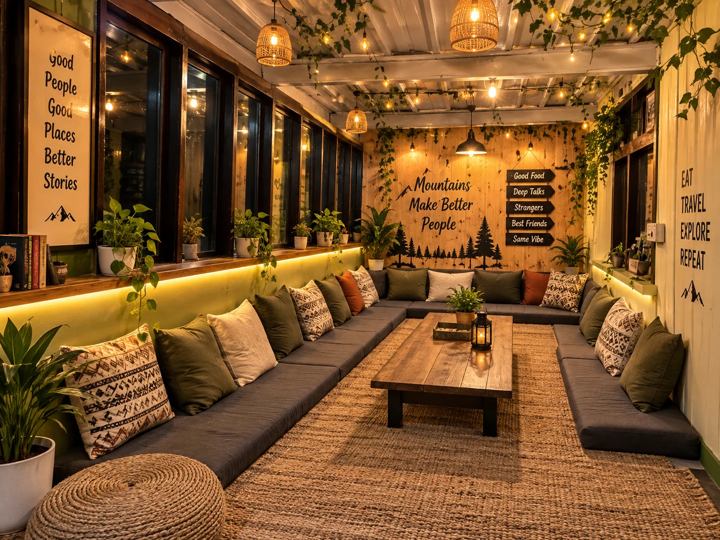 A cosy café lounge with low wooden tables, cushions, warm lamps and plants