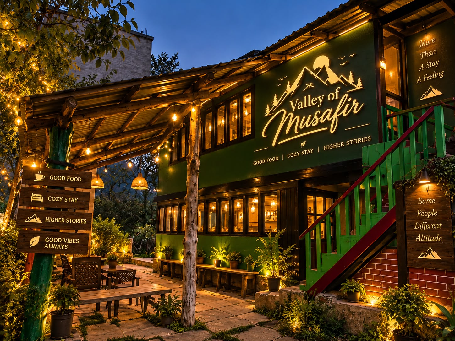 Warm lights and the Valley Of Musafir sign outside the property