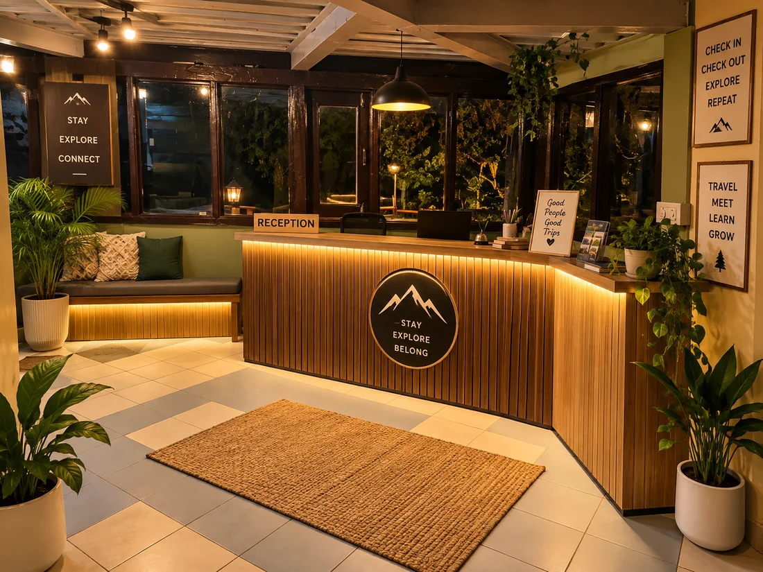 The warm wood reception and welcoming seating area at Valley Of Musafir